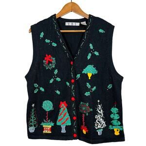 Vintage OHI Christmas Vest Knit Embroidered Beaded Black Green - XL